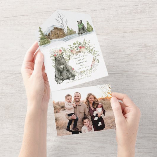 Rote Kabine im Wald mit Bären | Foto Weihnachten All In One Einladung (Abreißen)