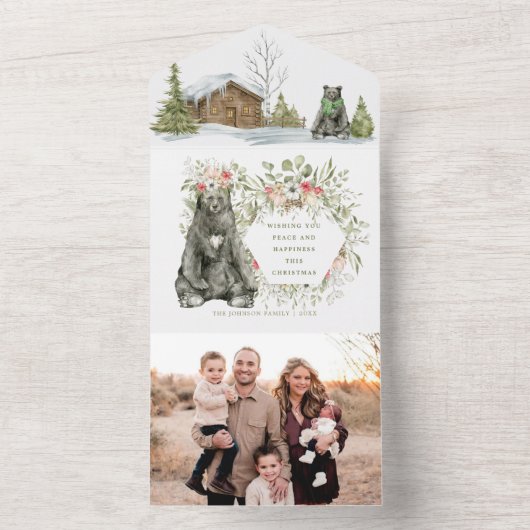 Rote Kabine im Wald mit Bären | Foto Weihnachten All In One Einladung (Innen Boden)