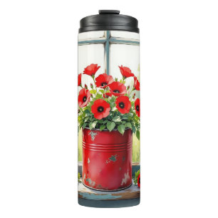 Rote Kaffeebüchse mit rotem Mohn Thermosbecher