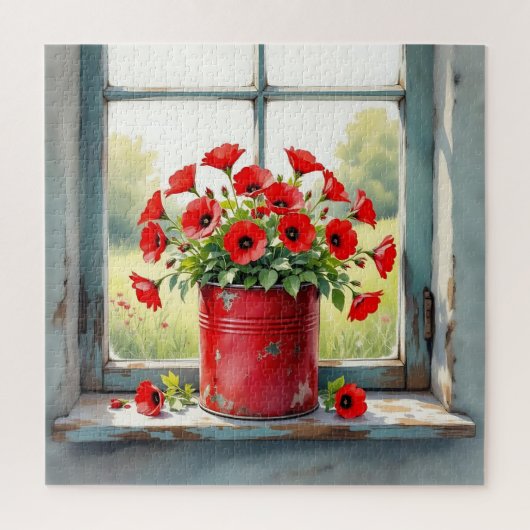 Rote Kaffeebüchse mit Roten Mohnblumen Puzzle (Vertikal)