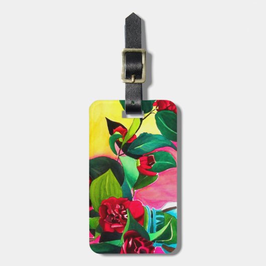 Rote Kamelien mit Grün Gepäckanhänger (Vorderseite vertikal)
