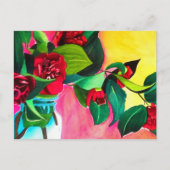 Rote Kamelien mit Grün Postkarte (Vorderseite)