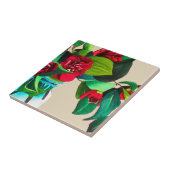 Rote Kamelien mit grüner Blattfarbe Aquarell Blume Fliese (Seite)