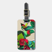 Rote Kamelien mit grüner Blattfarbe Aquarell Blume Gepäckanhänger (Vorderseite vertikal)