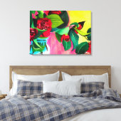 Rote Kamelien mit grüner Blattfarbe Aquarell Blume Leinwanddruck (Insitu (Schlafzimmer))
