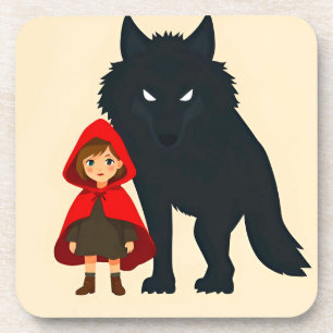 Rote Kapuzenfigur, die dem majestätischen Wolf geg Getränkeuntersetzer