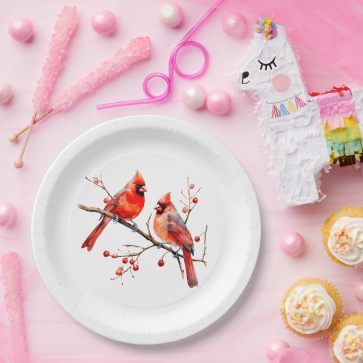 Rote Kardinal Vögel auf der Holly-Tree-Zweigstelle Pappteller (Party)