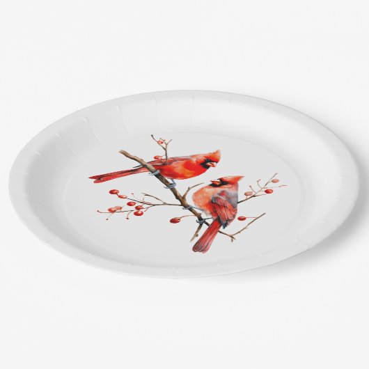 Rote Kardinal Vögel auf der Holly-Tree-Zweigstelle Pappteller (Schrägansicht)