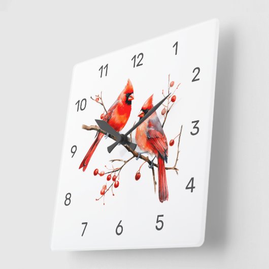 Rote Kardinal Vögel auf der Holly-Tree-Zweigstelle Quadratische Wanduhr (Winkel)