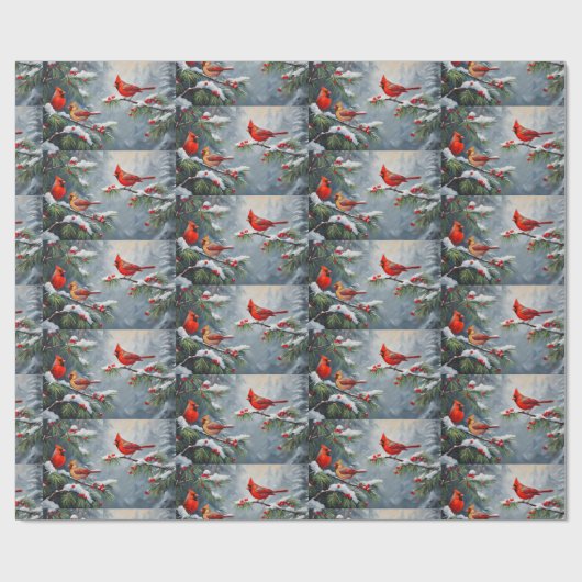 Rote Kardinal Vögel mit Waldbeeren Geschenkpapier (Flach)