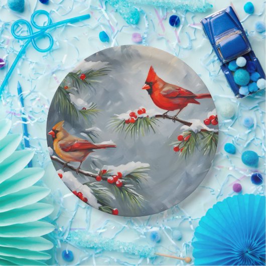 Rote Kardinal Vögel mit Waldbeeren Pappteller (Party)