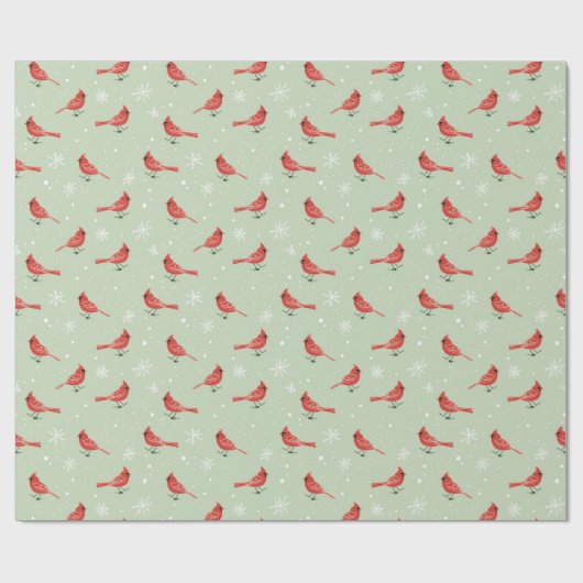 Rote Kardinal Vögel & weiße Schneeflocken auf Grün Geschenkpapier (Flach)