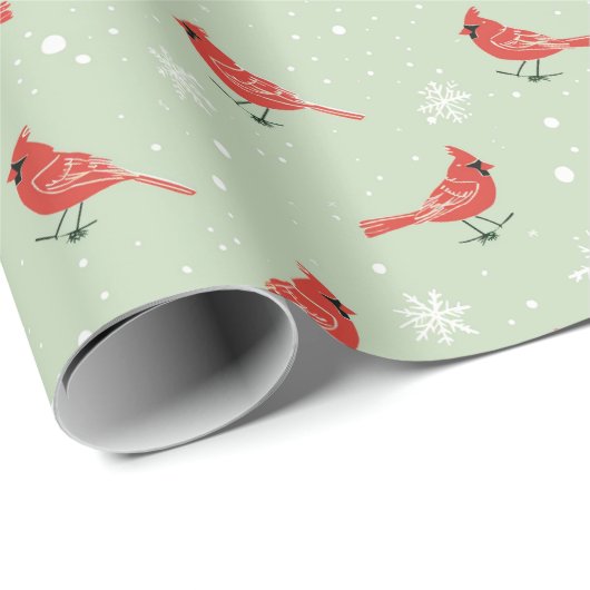 Rote Kardinal Vögel & weiße Schneeflocken auf Grün Geschenkpapier (Rolleneckpunkt)