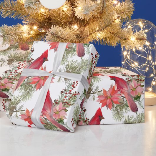 Rote Kardinäle, Beeren und Poinsettia Blume Geschenkpapier (Feiertage)