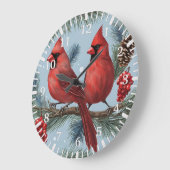Rote Kardinäle, Berries, Kiefernzweige, Pinecone Große Wanduhr (Winkel)