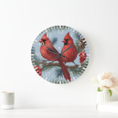 Rote Kardinäle, Berries, Kiefernzweige, Pinecone Große Wanduhr (Zuhause)