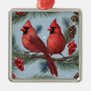 Rote Kardinäle, Berries, Kiefernzweige, Pinecone Ornament Aus Metall