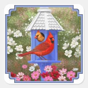 Rote Kardinäle Bird House Flower Garden Quadratischer Aufkleber