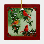 Rote Kardinäle im Norden und Holly Rot Keramikornament (Rückseite)