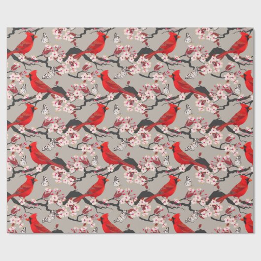 Rote Kardinäle in Kirschblüten Geschenkpapier (Flach)