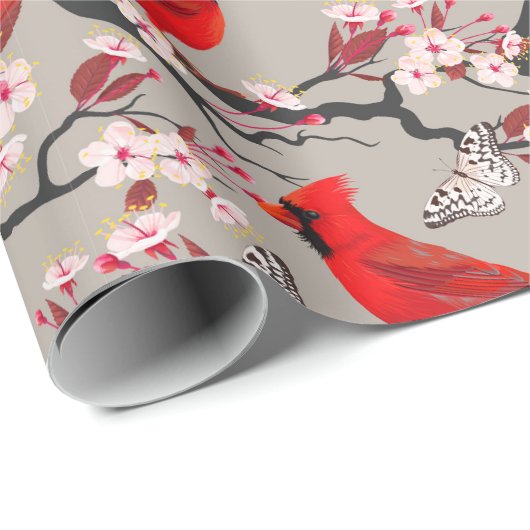 Rote Kardinäle in Kirschblüten Geschenkpapier (Rolleneckpunkt)