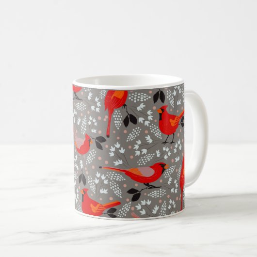 Rote Kardinäle und Blume Muster auf Grau Kaffeetasse (VorderseiteRechts)