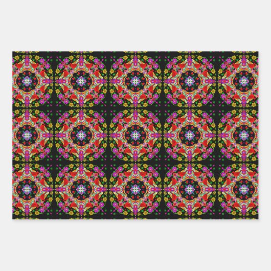 Rote Kardinäle und farbenfrohe Blume zum Geburtsta Geschenkpapier Set (Vorderseite 3)