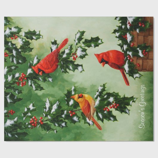 Rote Kardinäle und Holly-Blätter Geschenkpapier (Flach)
