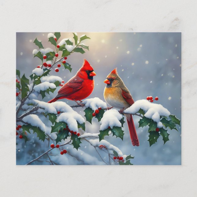 Rote Kardinäle und Holly in Snow (Vorderseite)