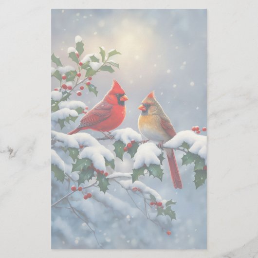 Rote Kardinäle und Holly in Snow Briefpapier (Rückseite)
