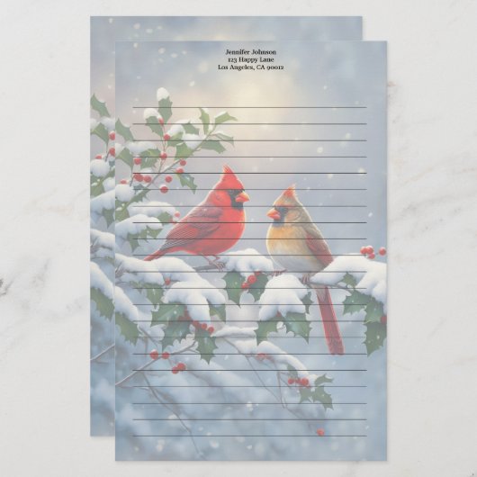 Rote Kardinäle und Holly in Snow Briefpapier (Vorne/Hinten)