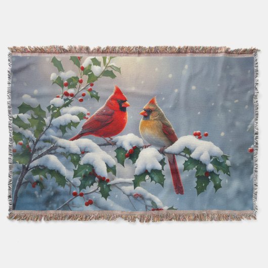 Rote Kardinäle und Holly in Snow Decke (Vorderseite)