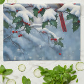 Rote Kardinäle und Holly in Snow Geschirrtuch (Gefaltet)