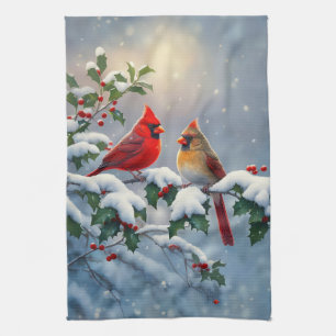 Rote Kardinäle und Holly in Snow Geschirrtuch