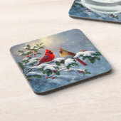 Rote Kardinäle und Holly in Snow Getränkeuntersetzer (Linke Seite)