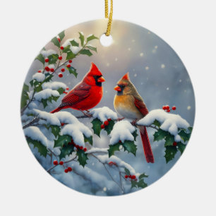 Rote Kardinäle und Holly in Snow Keramik Ornament