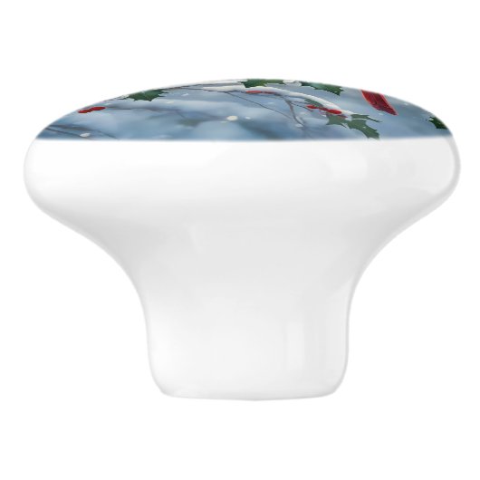 Rote Kardinäle und Holly in Snow Keramikknauf (Seitenansicht)