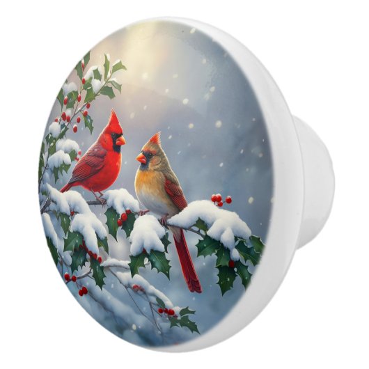 Rote Kardinäle und Holly in Snow Keramikknauf (Rechts)