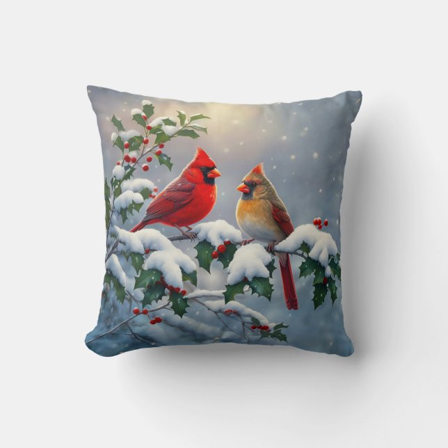 Rote Kardinäle und Holly in Snow Kissen (Vorderseite)