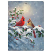 Rote Kardinäle und Holly in Snow Klemmbrett (Rückseite)
