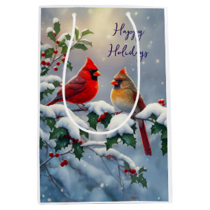 Rote Kardinäle und Holly in Snow Mittlere Geschenktüte