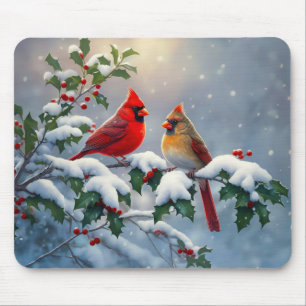 Rote Kardinäle und Holly in Snow Mousepad
