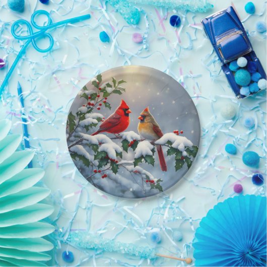 Rote Kardinäle und Holly in Snow Pappteller (Party)