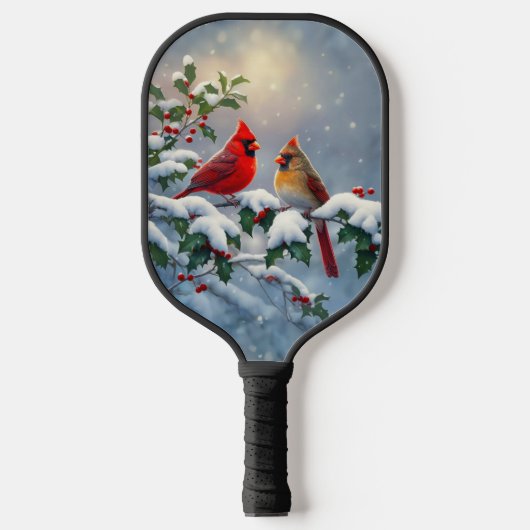 Rote Kardinäle und Holly in Snow Pickleball Schläger (Vorderseite)