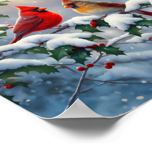 Rote Kardinäle und Holly in Snow Poster (Ecke)