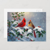 Rote Kardinäle und Holly in Snow Postkarte (Vorne/Hinten)