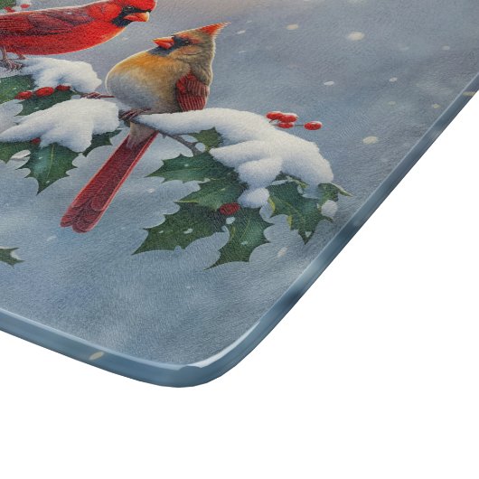 Rote Kardinäle und Holly in Snow Schneidebrett (Ecke)