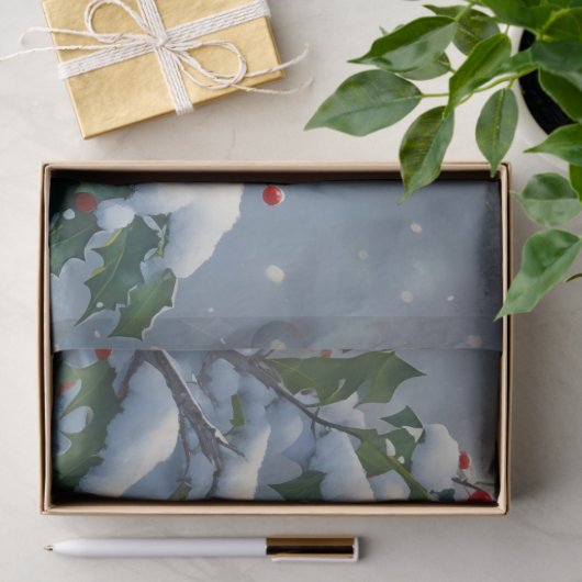 Rote Kardinäle und Holly in Snow Seidenpapier (Geschenk)