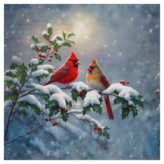 Rote Kardinäle und Holly in Snow Stoff (Muster)