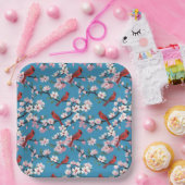 Rote Kardinäle und rosa Kirschblüten Blau Pappteller (Party)